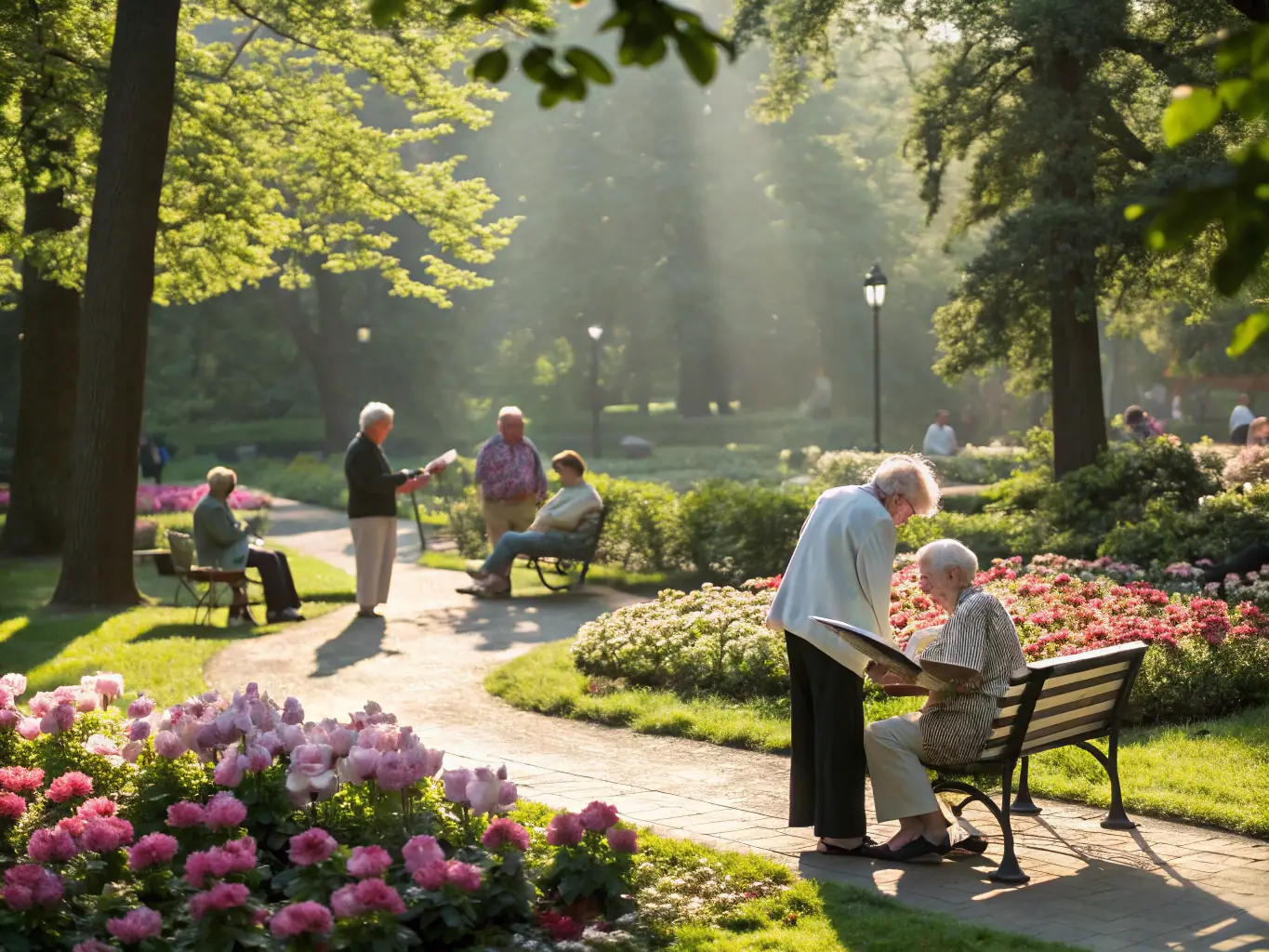 An image of a happy elderly couple enjoying their retirement in a peaceful park setting, symbolizing the benefits of individual retirement insurance.
