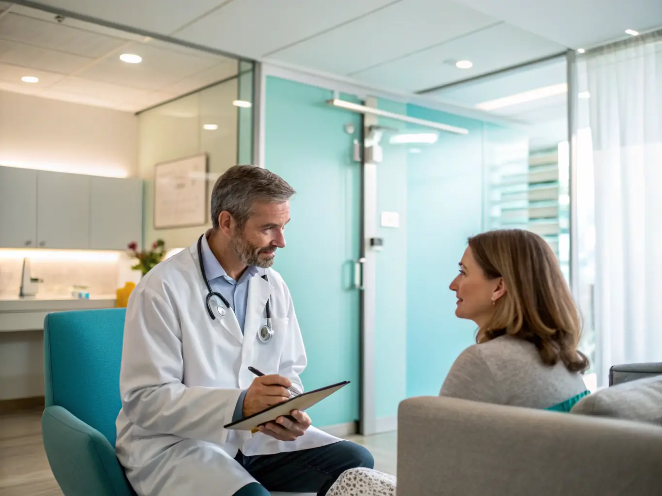 A family consulting with a doctor in a modern clinic setting, representing the comprehensive coverage of supplementary health insurance.