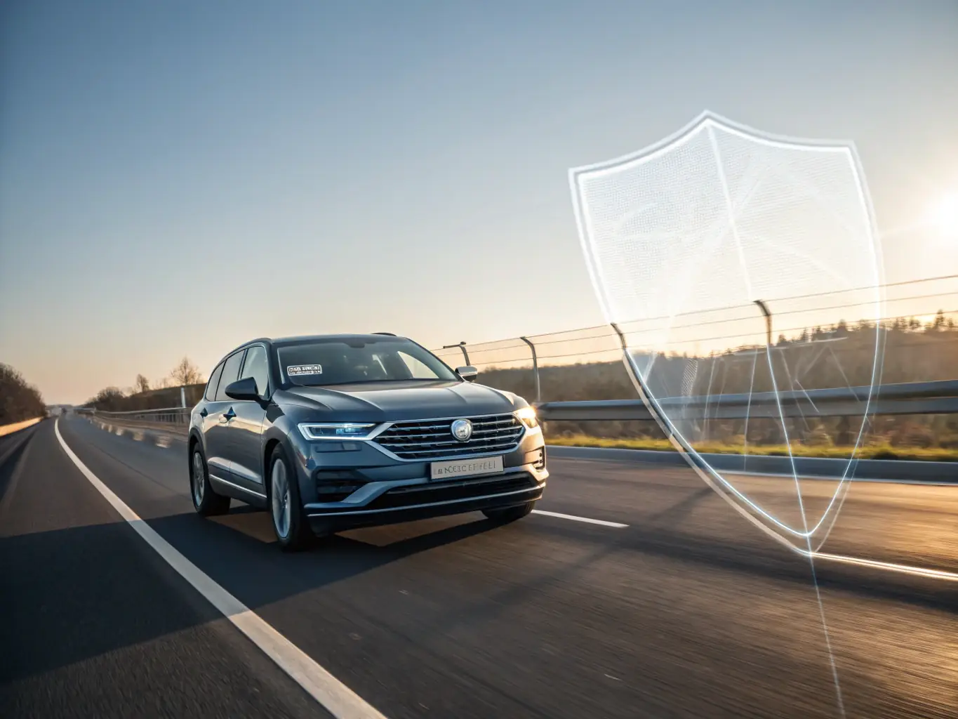 A modern car driving through a city street with a clear sky, illustrating the protection offered by auto insurance.